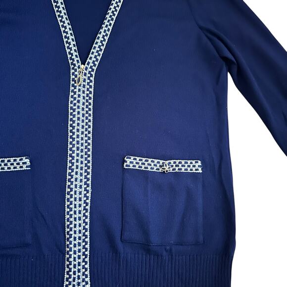 St. John Navy Blue Santana Knit Zip Cardigan Sweater L Metallic Trim  V-Neck - Picture 4 of 12